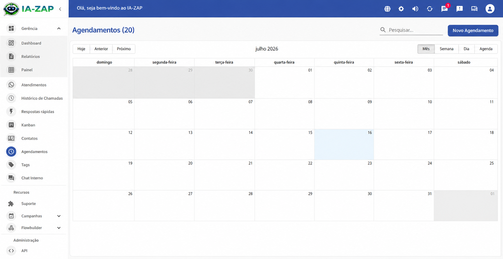 Agenda do IA-ZAP com visualização mensal