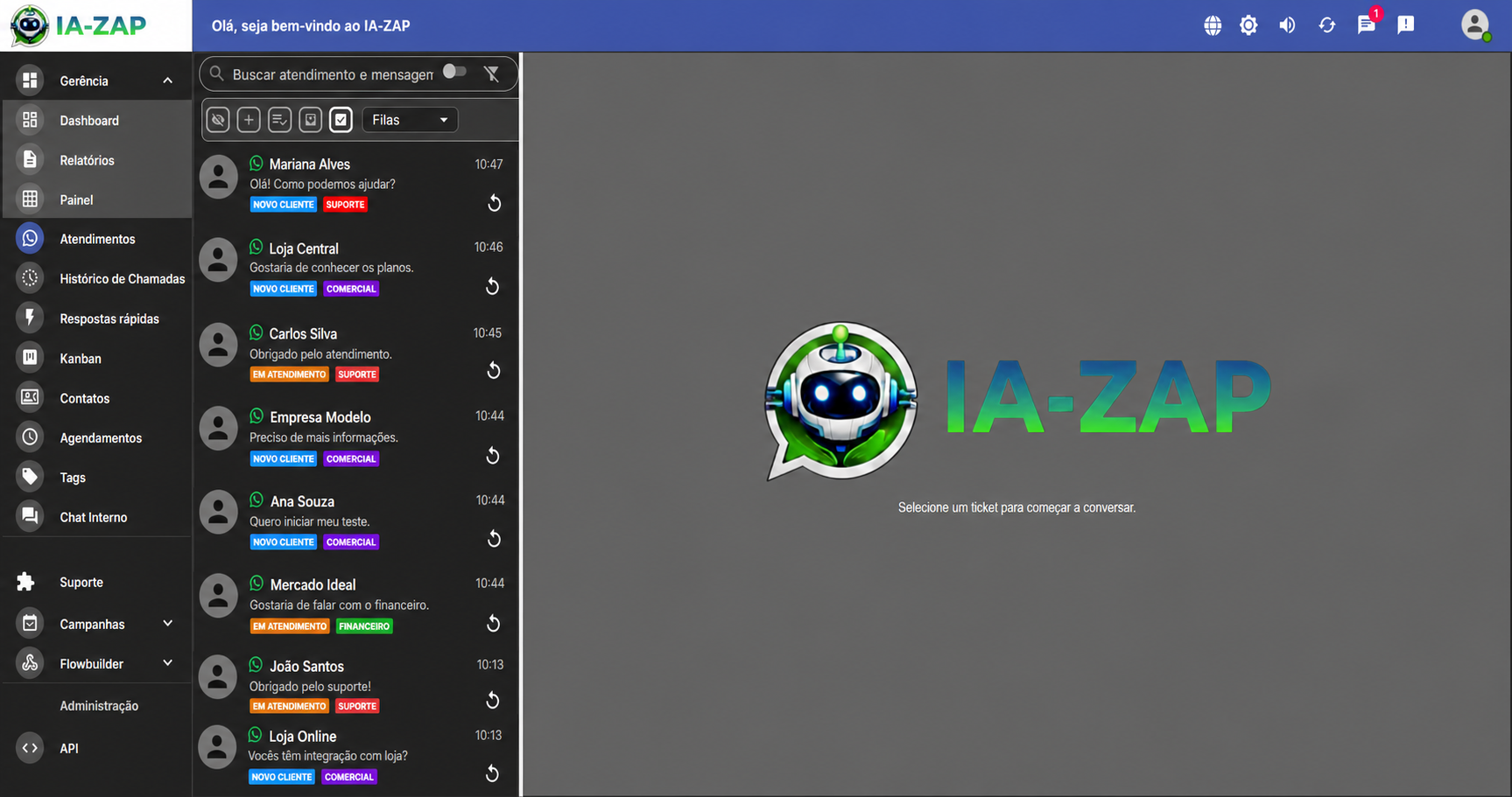 Tela do IA-ZAP centralizando atendimentos