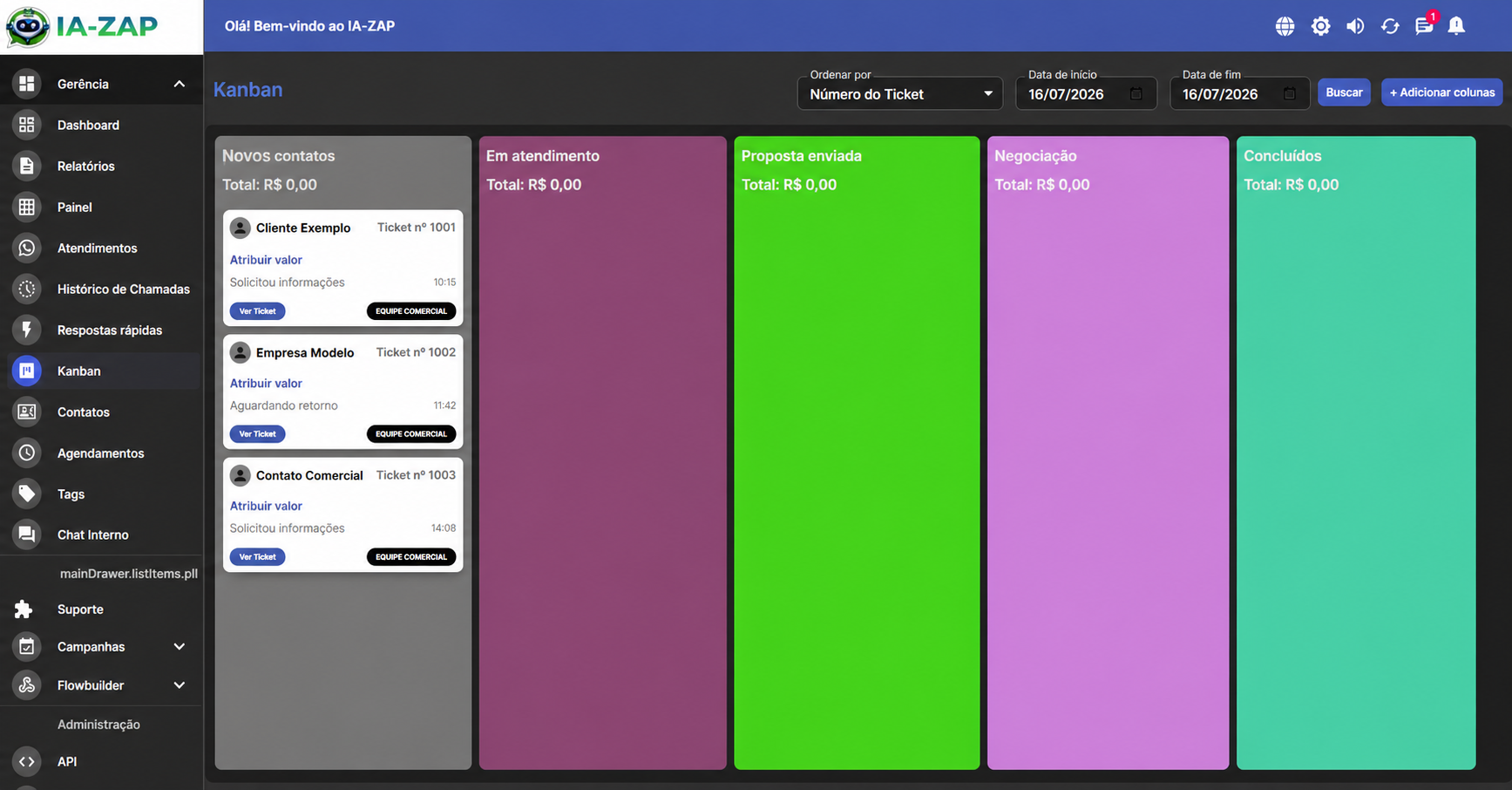 Kanban CRM no painel IA-ZAP